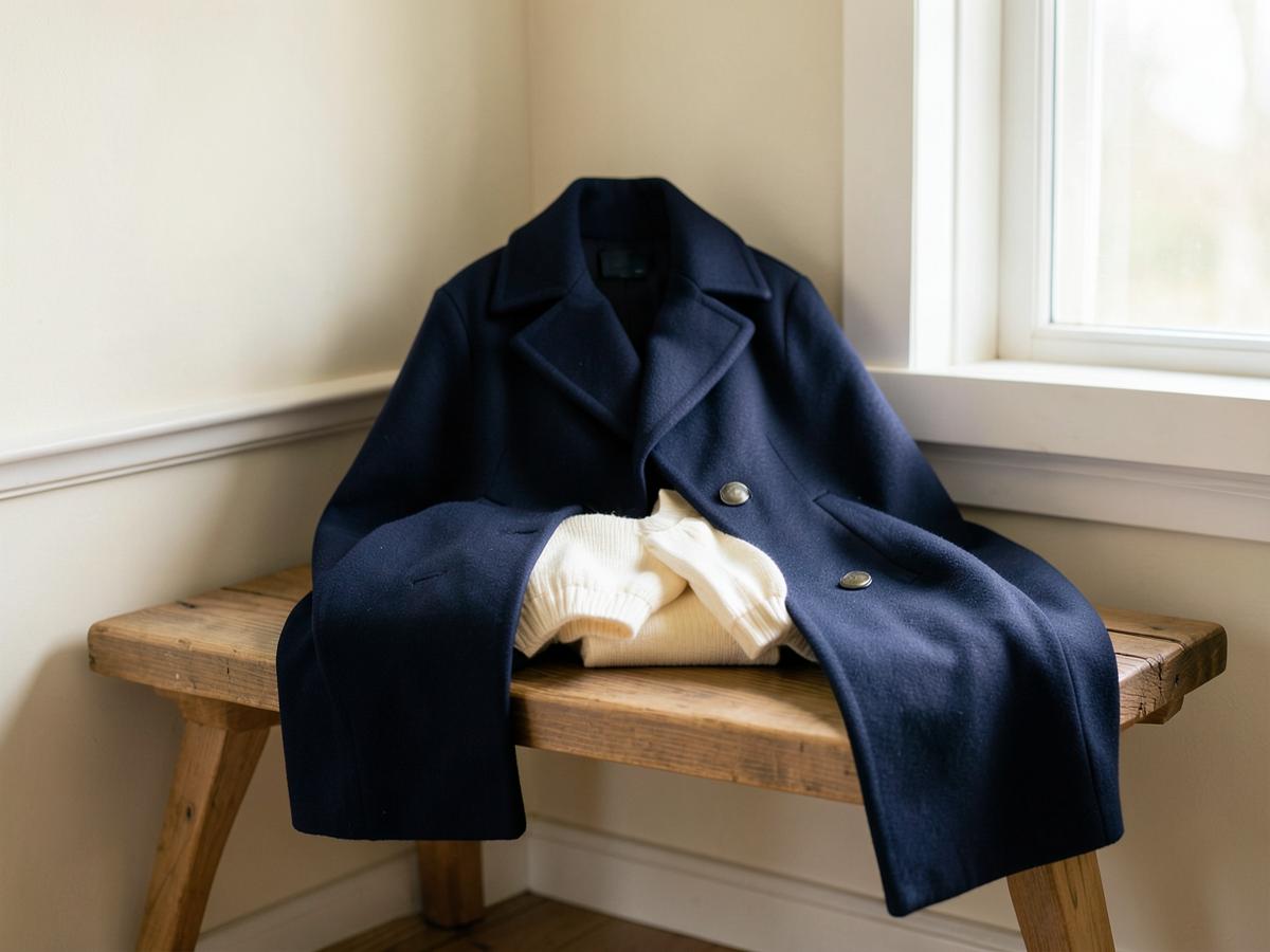 A navy coat sheltering smaller garments, symbolizing protection for income and family